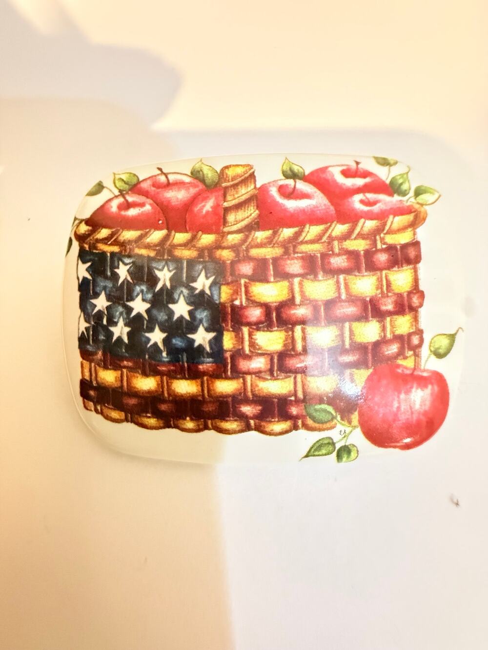 Vintage Ceramic Patriotic Apple Basket Brooch Pin